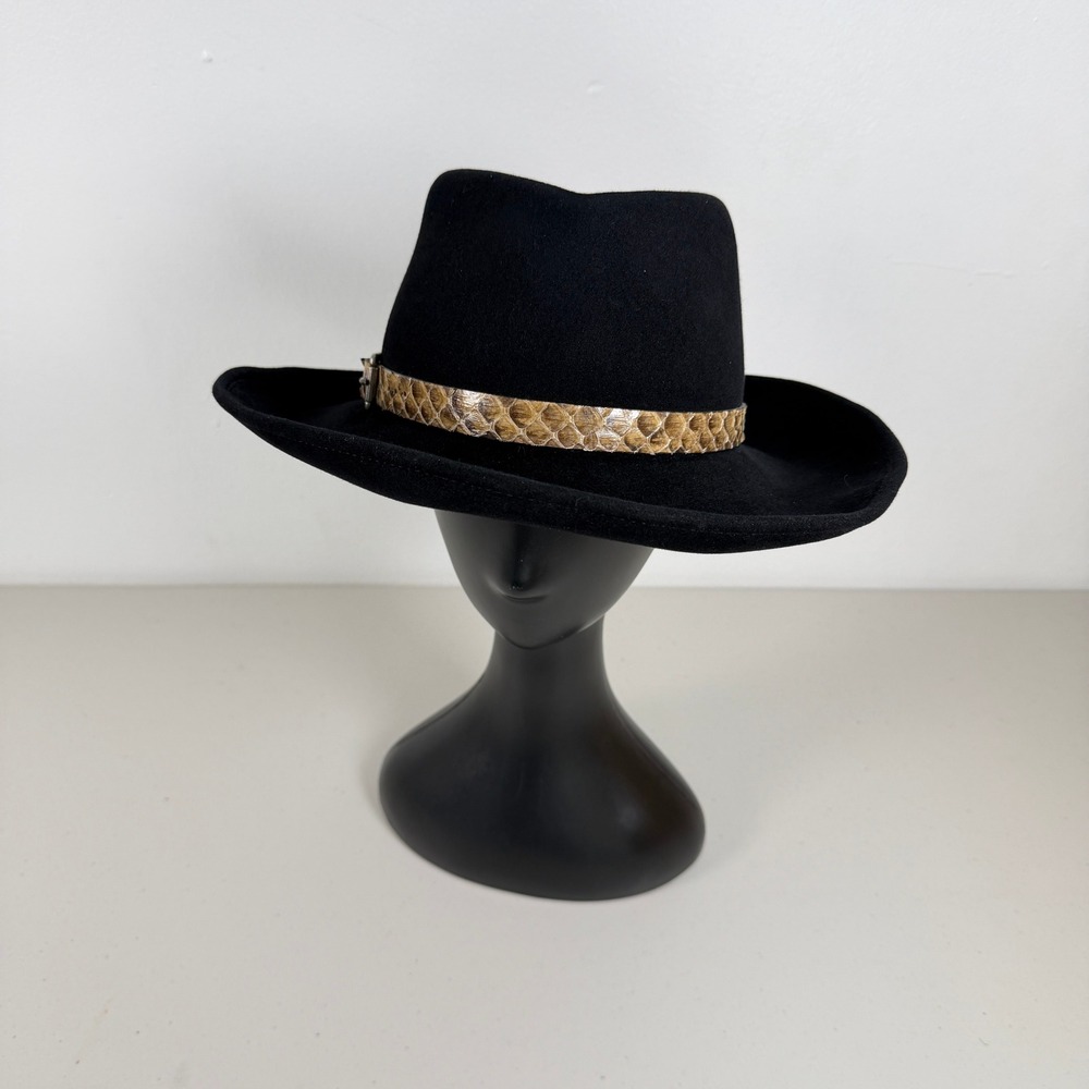 Eric Javits Black Felt Fedora Hat‎ Genuine Python Band Buckle - Picture 2 of 9